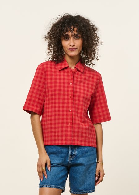 Chemise manches courtes seersucker en coton bio | rouge "red checks seersucker ane blouse"