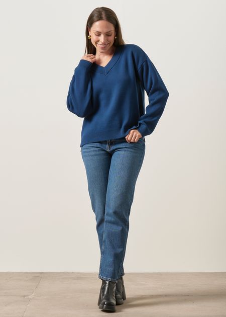 Pull interlock col v en coton bio | marine, WeDressFair, photo 3