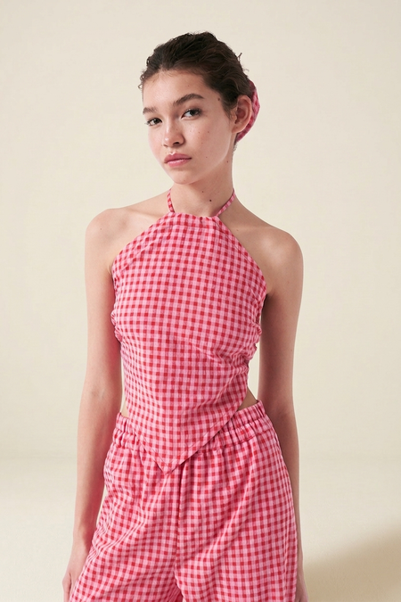 Top en coton bio et matière recyclée | vichy rose rouge "Crush backless top - vichy red pink" - AMT Studio