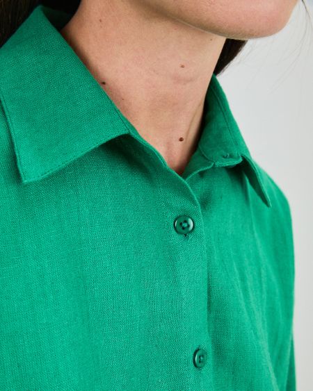 Chemise manches courtes en lin et ecovero | verte "Boxy squared blouse green" - Brava Fabrics