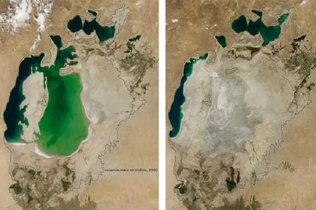 À gauche, une image de la Mer d'Aral prise en 2000. Une réduction était déjà notable par rapport à l'étendue de la Mer dans les années 1960 (ligne noire). Des conditions climatiques extrêmes en 2014 ont causé l'assèchement quasi complet de la zone (image de droite).© NASA Earth Observatory