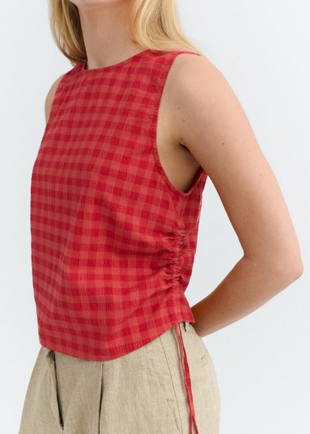 Top seersucker en coton bio | rouge "red checks seersucker florence top" - Thinking Mu