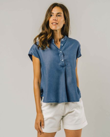 Chemise manches courtes bleu denim en tencel - indigo sleeveless mao shirt denim blue