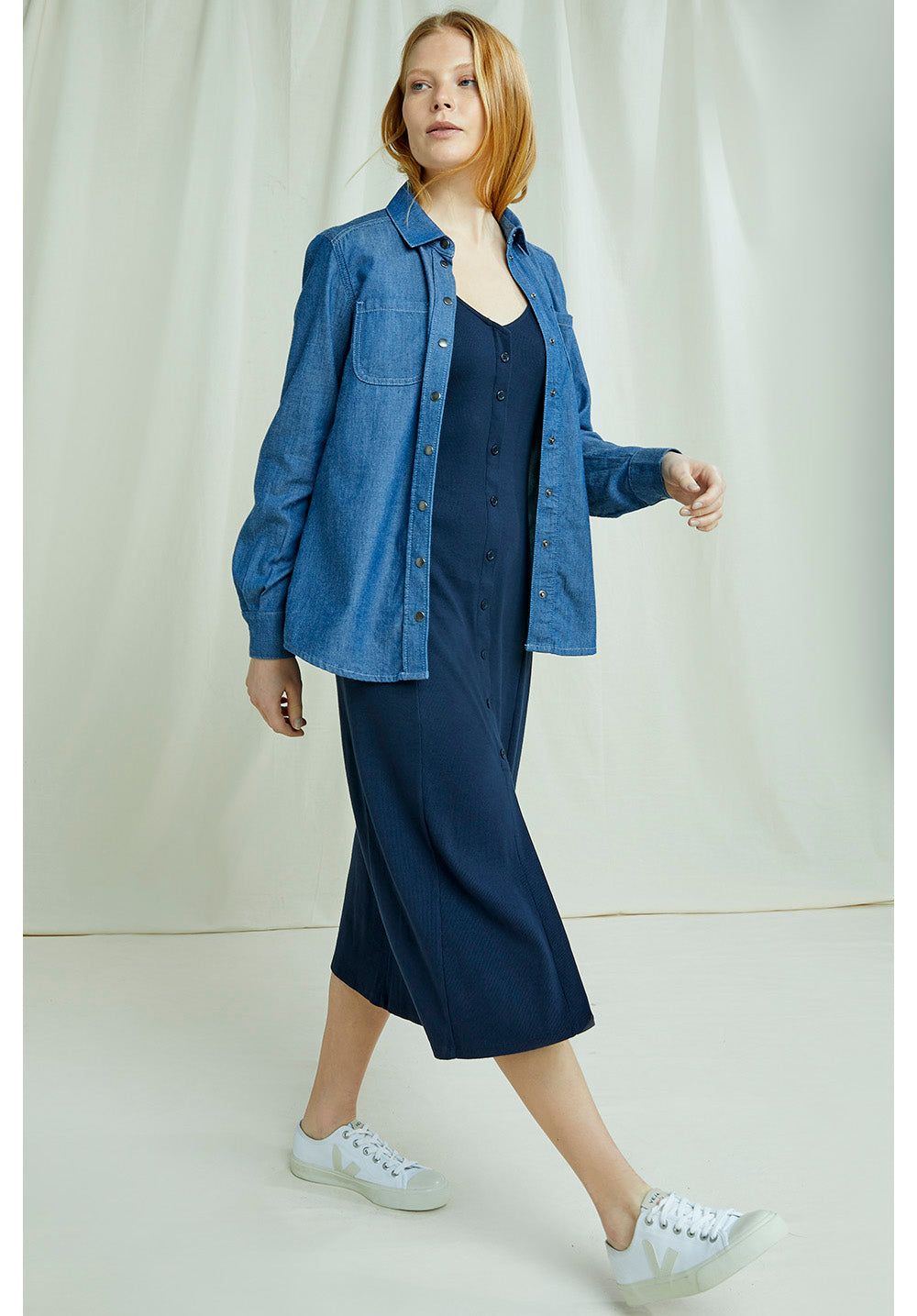 Robe mi-longue boutonnée marine en coton bio - anya, People Tree, photo 5