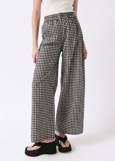 Pantalon en coton bio et polyester recyclé | vichy blanc noir "Crush pants - vichy black cream"