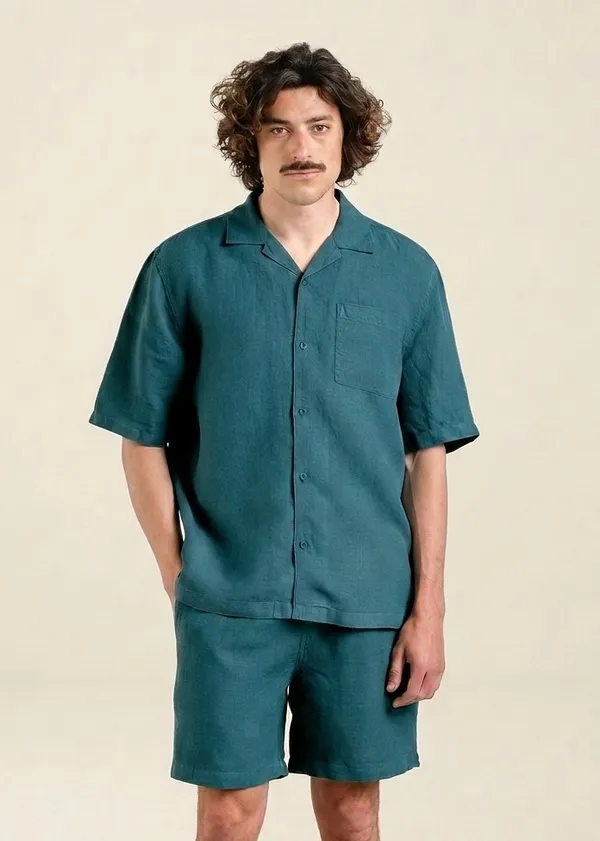 Chemise manches courtes en lin | bleu canard "Shirt marstrand linen mediterranea green", Dedicated