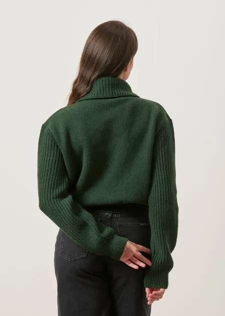 Pull zippé col en laine mérinos | vert "Green tanit knitted sweater - green", Thinking Mu, photo 5