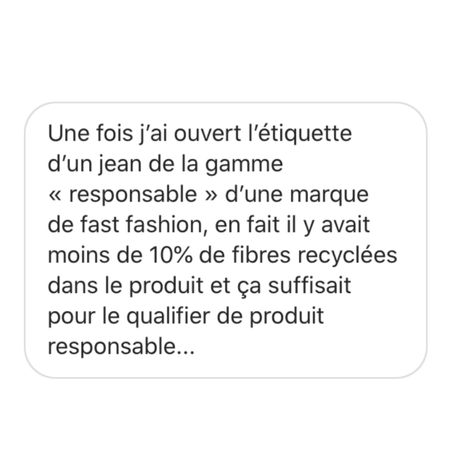 Exemple de l'exagération de l'argument "responsable" alors qu'il ne représente qu'un pourcentage faible de la composition du vêtement.