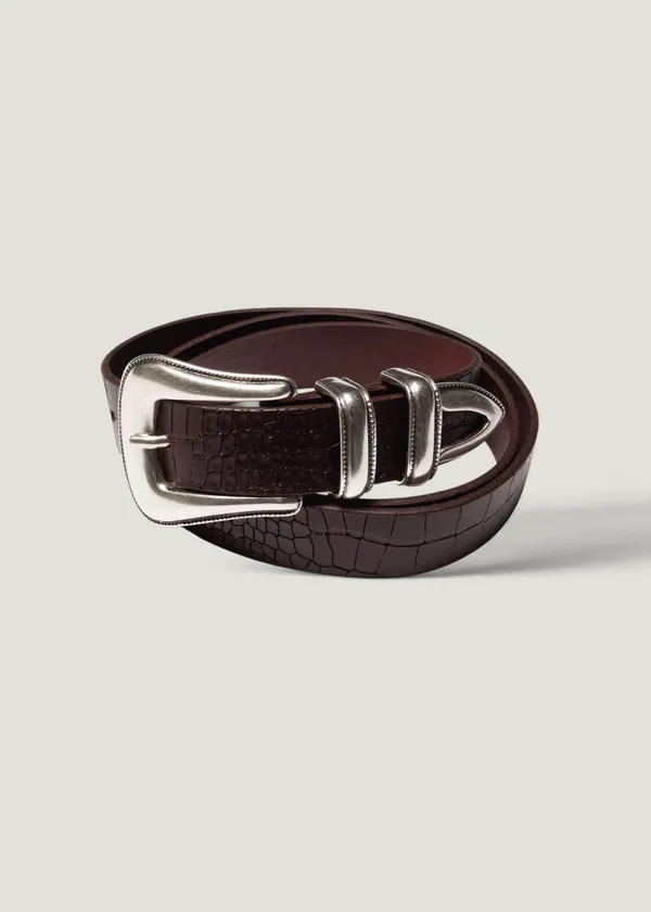 Ceinture en cuir tannage végétal | bordeaux "Western faux croco silver belt - burgundy", Nudie Jeans