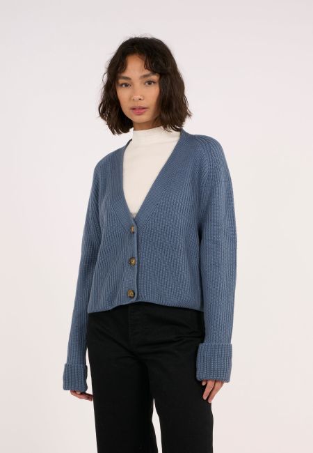 Gilet oversize bleu en coton bio et tencel - v-neck cardigan china blue