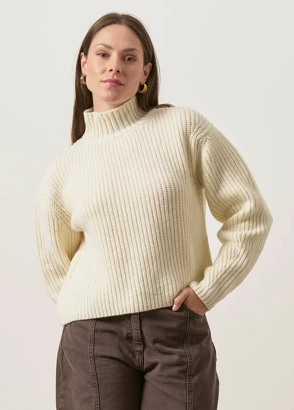 Pull col montant en côtes anglaises en laine mérinos certifiée | écru, WeDressFair