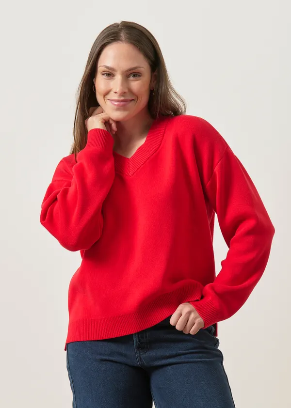 Pull interlock col v en coton bio | rouge - rouge, WeDressFair