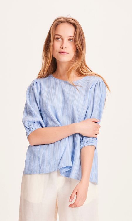 Blouse bleue rayée en ecovero - lily puff sleeve chambray blue, Knowledge Cotton Apparel, photo 4