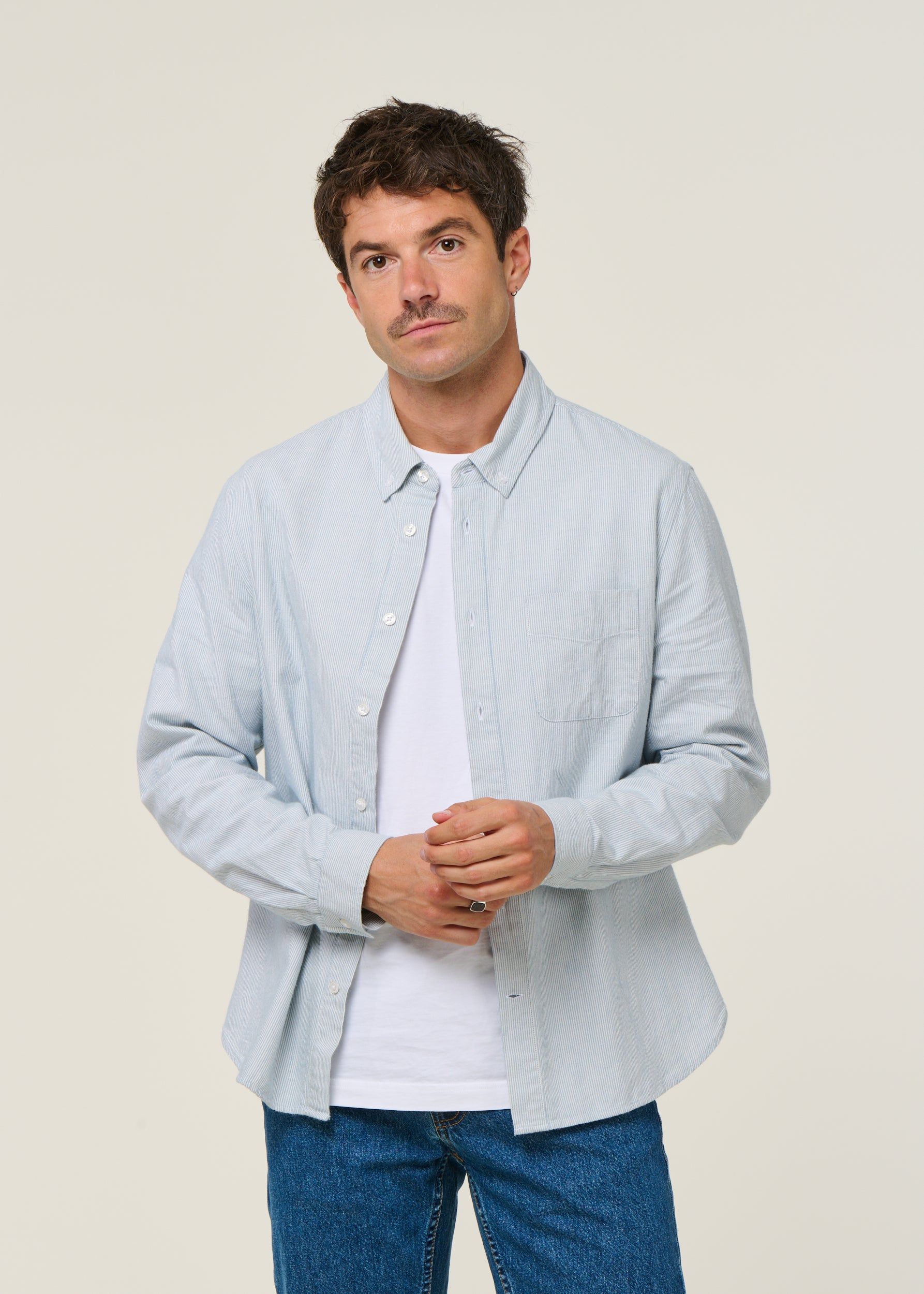 Chemise droite en coton bio | rayé "ken - eco brushed striped vintage blue", About Companions, photo 1