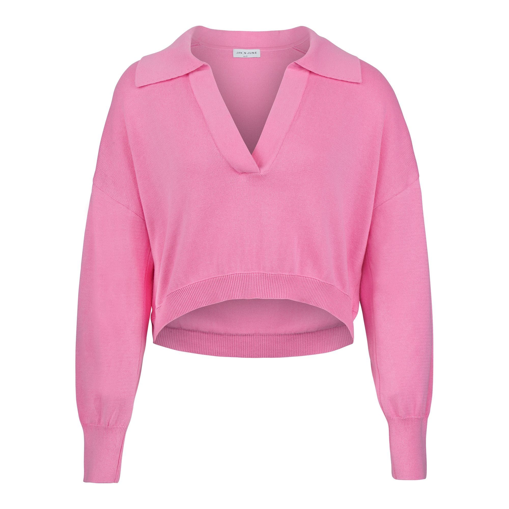 Pull col v court rose en coton bio - almada raspberry, Jan'n June, photo 2