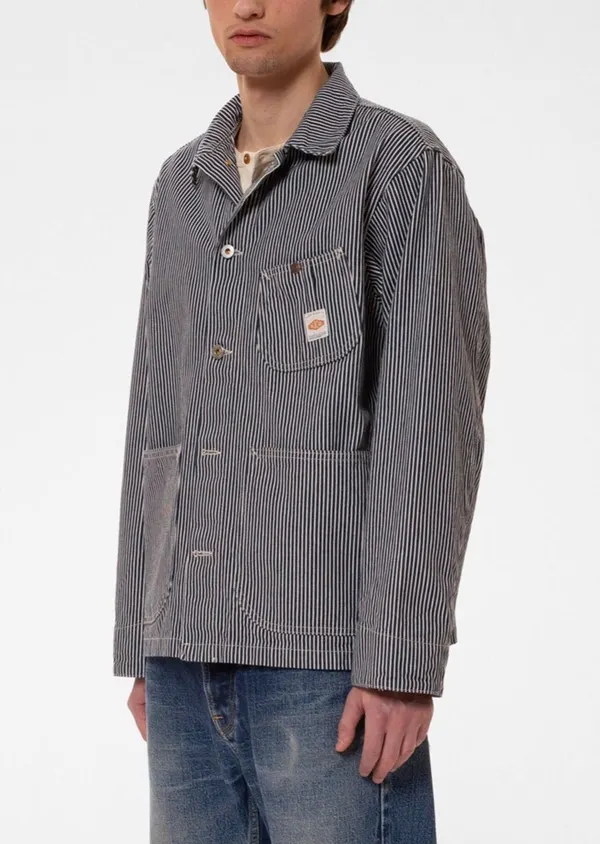 Veste denim en coton bio | rayé bleu et blanc "howie hickory chore jacket", Nudie Jeans