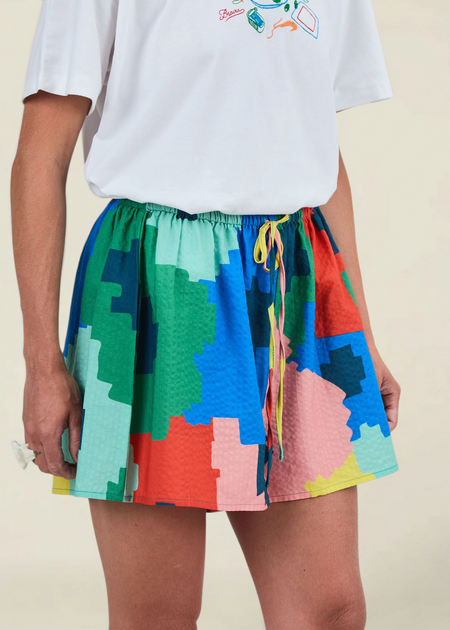 Short en seersucker coton bio et lyocell "Maxi flower bali loose shorts - blue" - Brava Fabrics