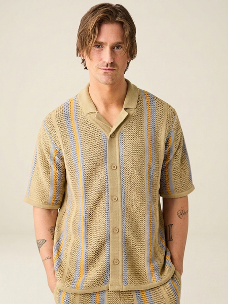 Chemise manches courtes maille en coton bio | striped knitted shirt beige stripe - Knowledge Cotton Apparel