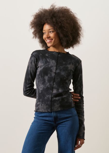 Top manches longues en coton bio | noir "Pin-tucked long-sleeve - black tie dye", Rotholz