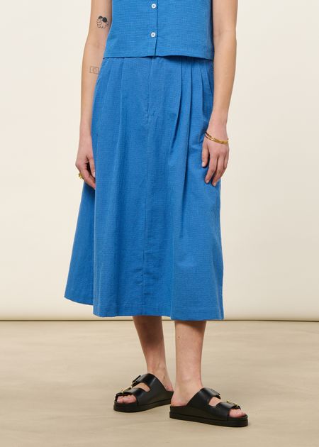 Jupe longue en coton bio et matières recyclées | bleu "checks midi skirt blue" - Brava Fabrics