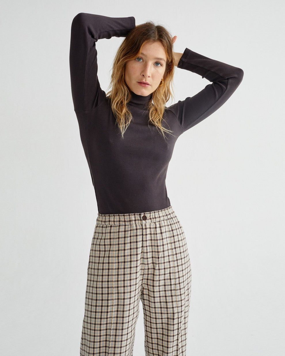 T-shirt manches longues col cheminé marron en coton bio - aine, Thinking Mu, photo 1
