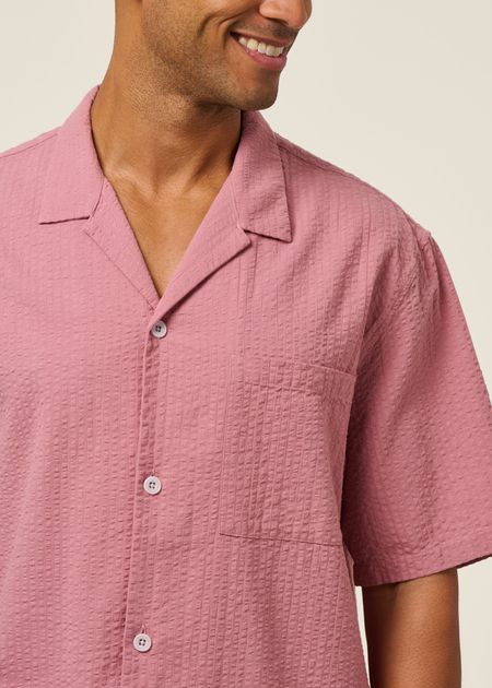 Chemise manches courtes en seersucker coton bio | rose "bowling shirt - pink stone" - Rotholz