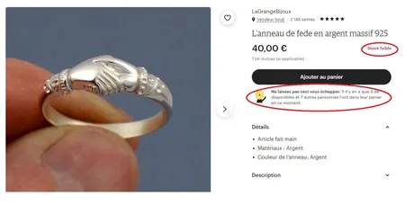 « Stock faible » et « Il n'y en a que 4 de disponibles » autant d'indicateurs qui jouent sur le biais de rareté.