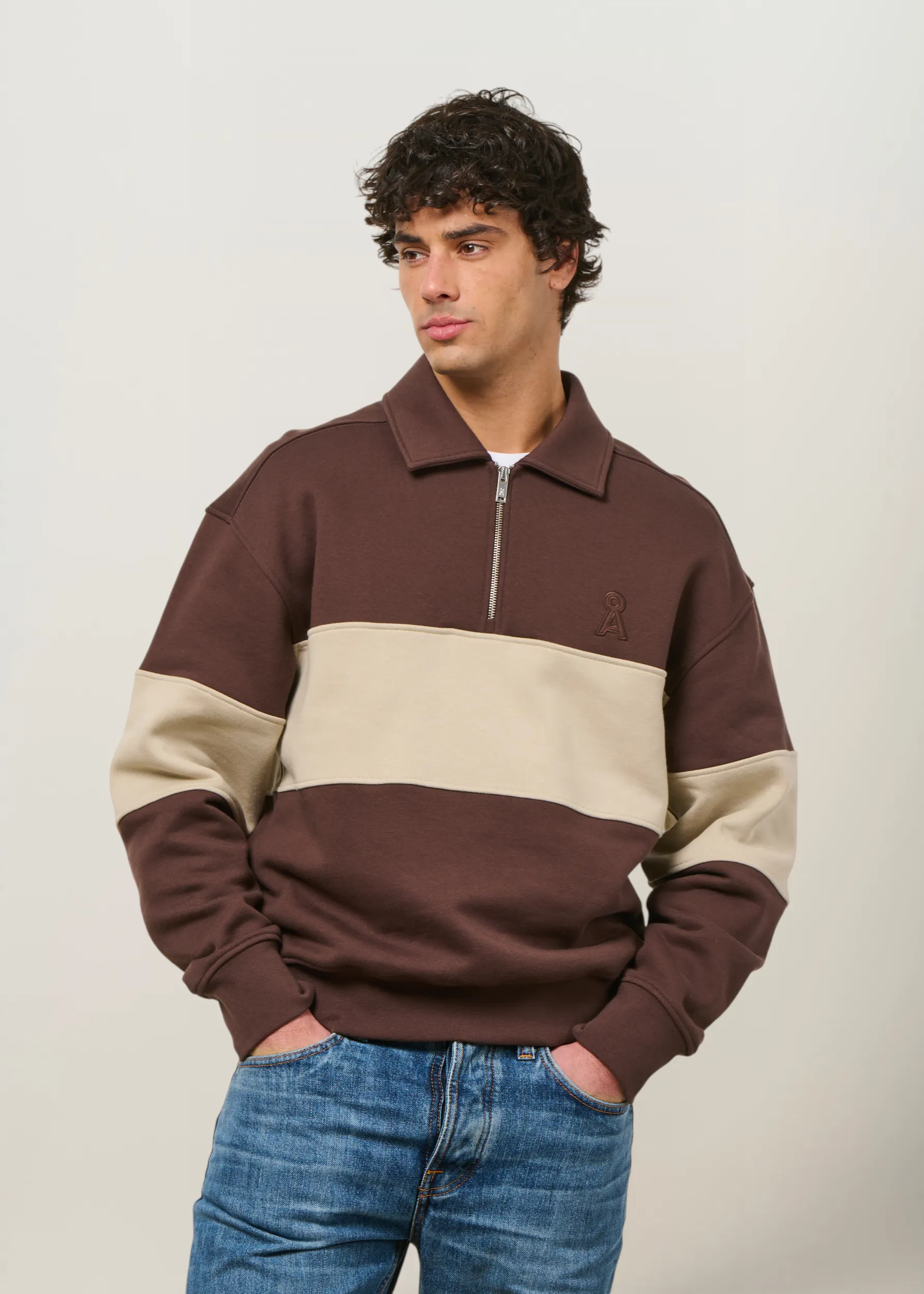 Sweat col camionneur en coton bio | bicolore "Striped troyer sweatshirt", Armedangels, photo 1