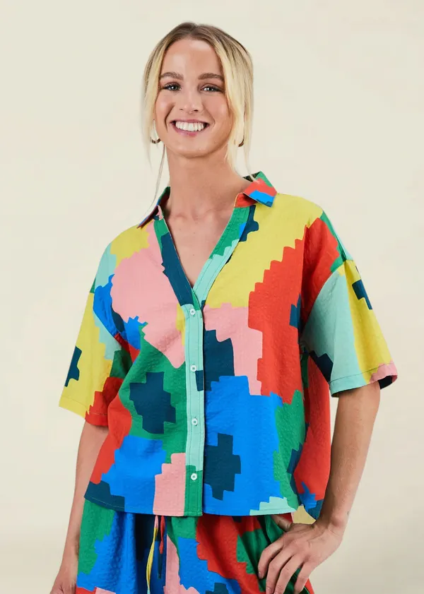 Blouse en seersucker coton bio et lyocell | multicolore "Maxi flower oversize cropped blouse", Brava Fabrics