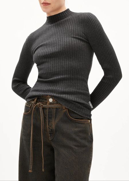 Sous-pull côtelé en coton bio | anthracite "alaania steel melange" - Armedangels