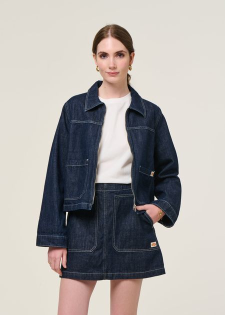 Jupe courte en coton bio | bleu "elvy workwear denim skirt - dark blue"