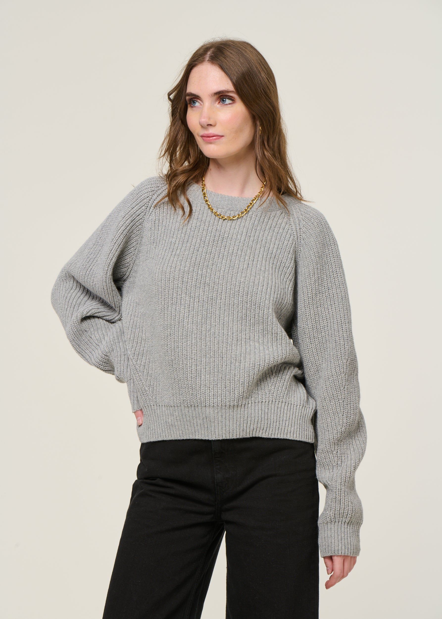 Pull en laine recyclée | gris "cropped knit sweater wool-blend - grey melange", Rotholz, photo 1