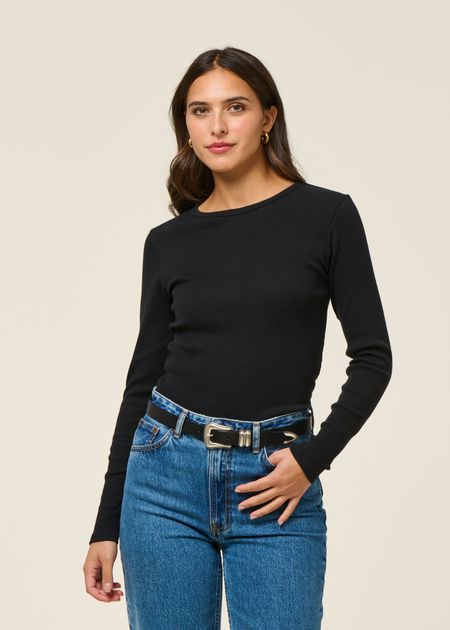 T-shirt manches longues côtelé en coton bio | noir - WeDressFair Essentiels