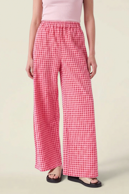 Pantalon léger en coton bio et polyester recyclé | vichy rouge rose "Crush pants - vichy red pink" - AMT Studio