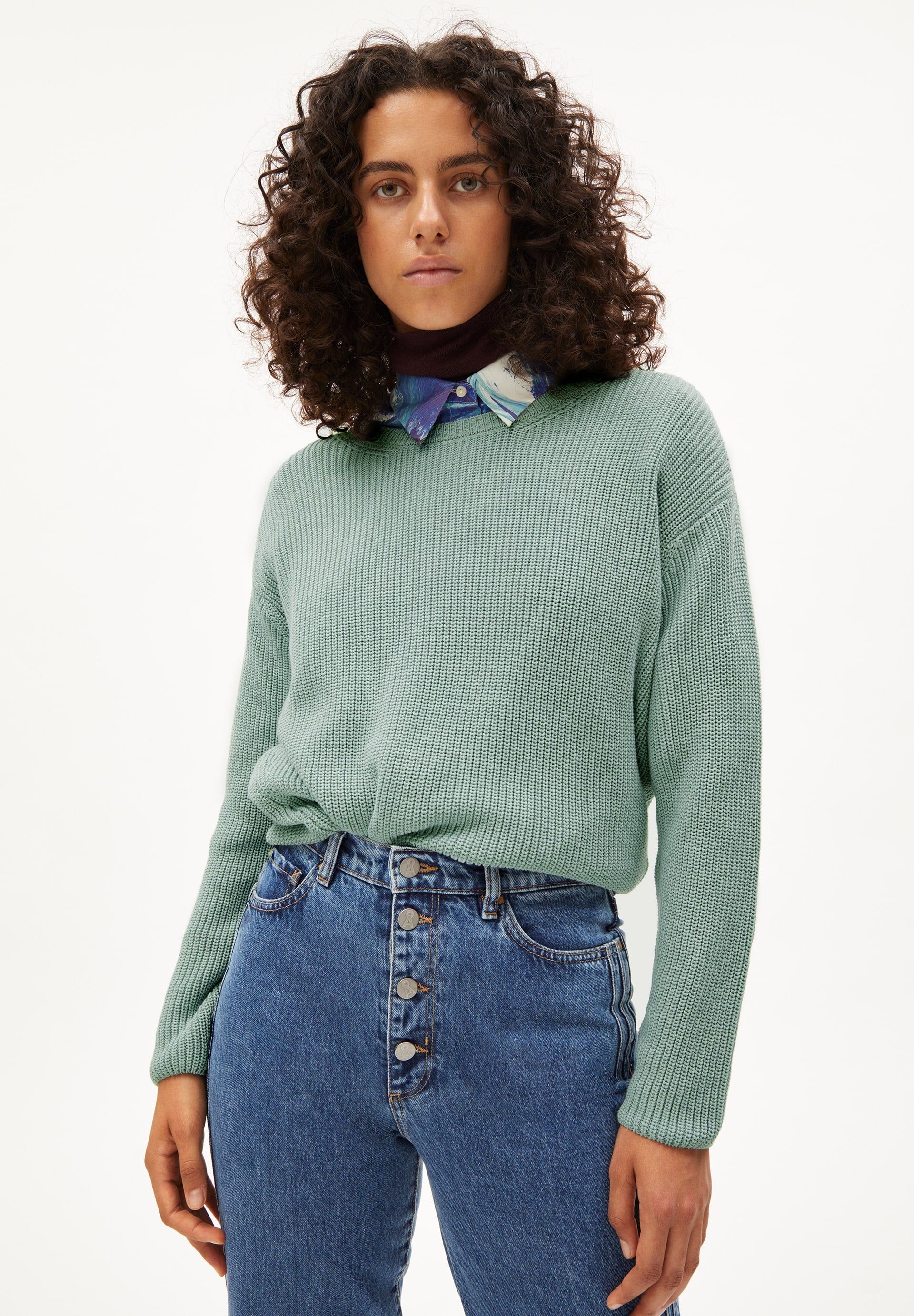 Pull maille col rond vert menthe en coton bio - nuriellaa lint, Armedangels, photo 2