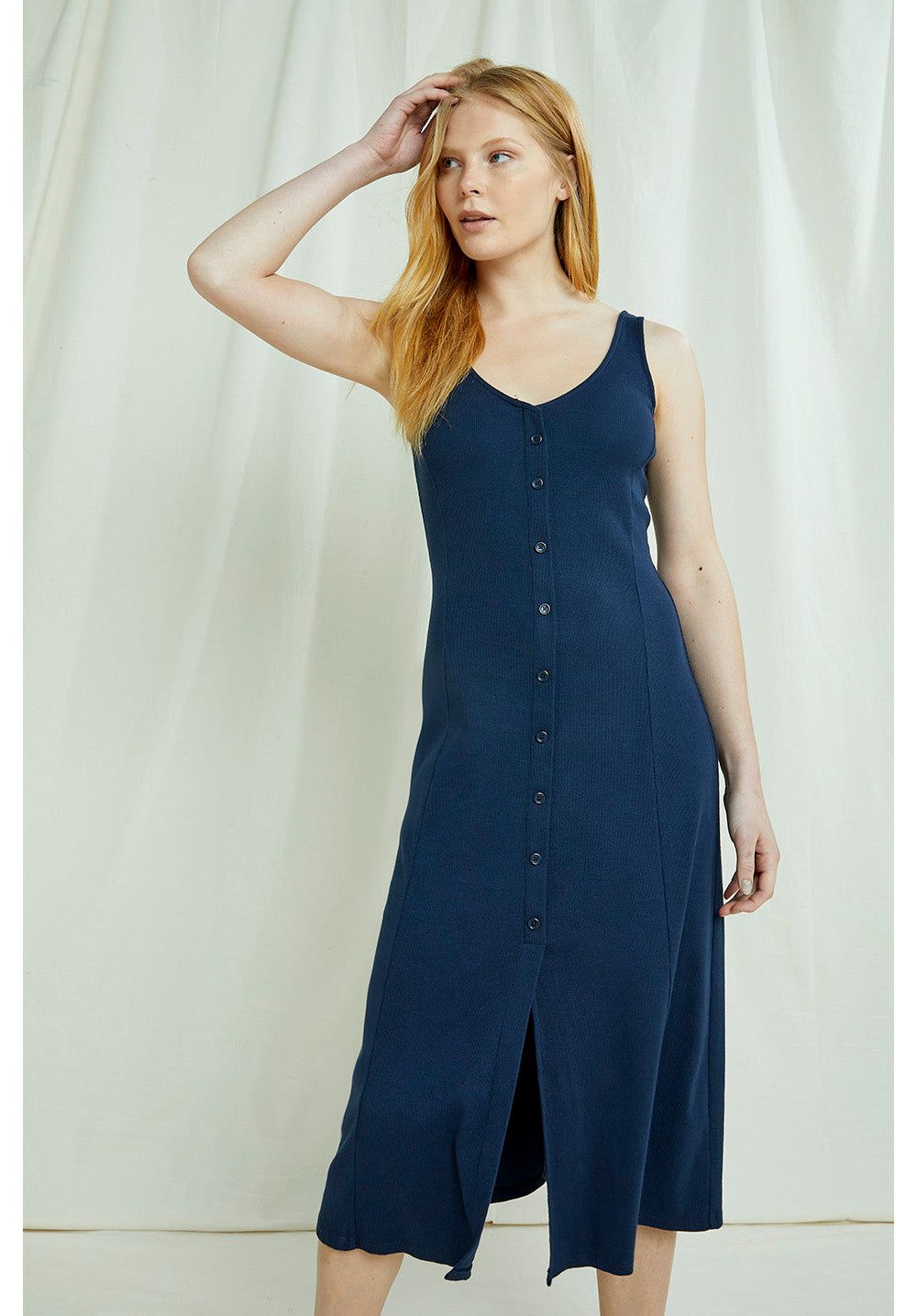 Robe mi-longue boutonnée marine en coton bio - anya, People Tree, photo 1
