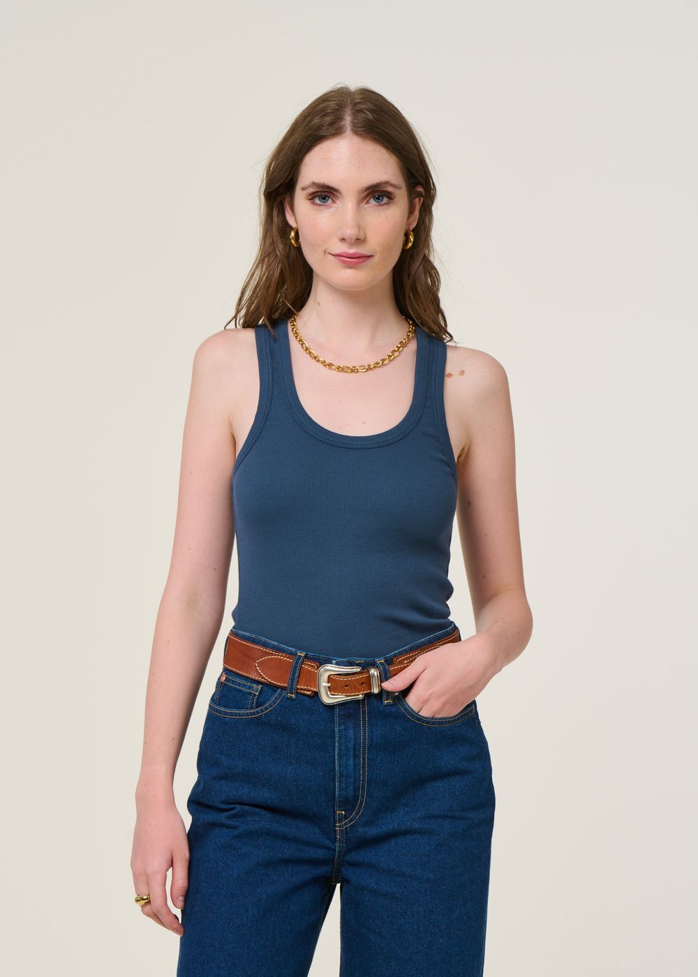 Débardeur côtelé en coton bio | bleu "petrol blue" femme