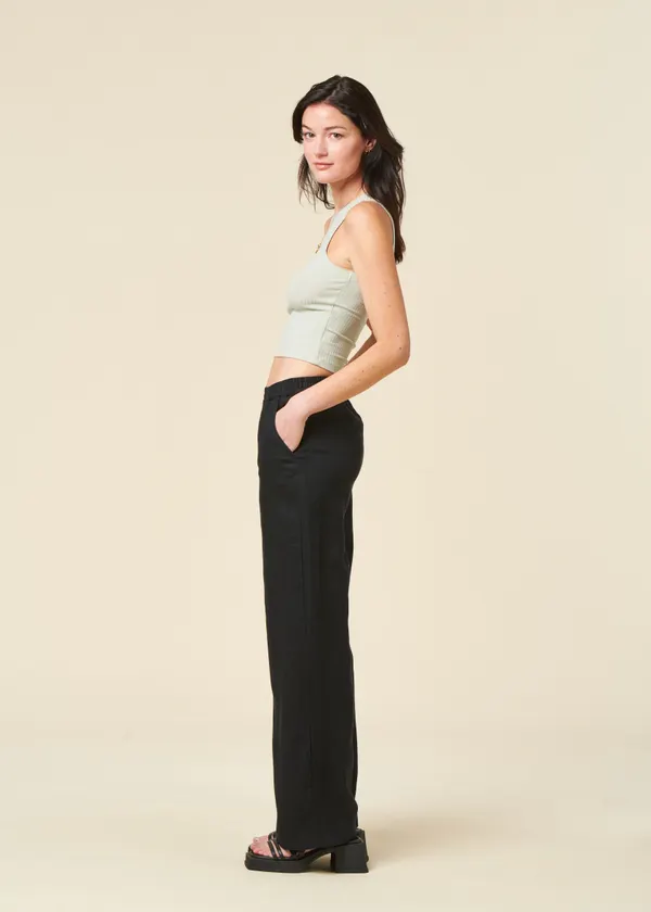 Pantalon ample en lin biologique | noir "posey wide mid-rise linen pants jet", Knowledge Cotton Apparel