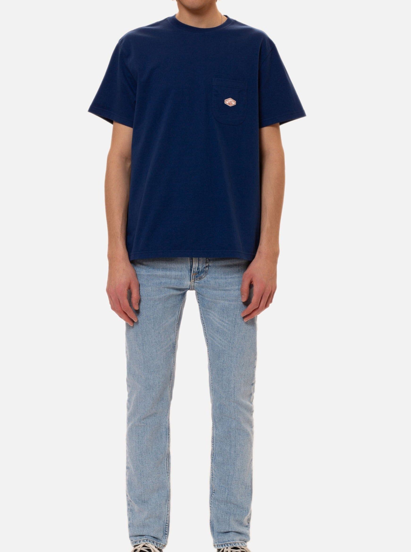 T-shirt à poche bleu en coton bio - leffe pocket tee french bue, Nudie Jeans, photo 1