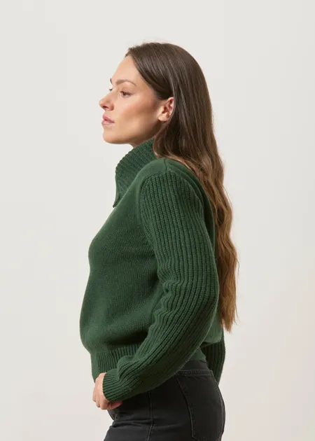 Pull zippé col en laine mérinos | vert "Green tanit knitted sweater - green", Thinking Mu, photo 3