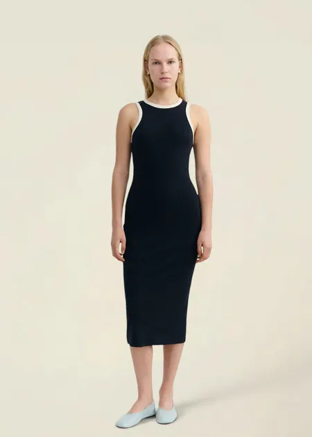 Robe longue en coton bio | marine "Navy pannacota contrast doechi dress - blue", Thinking Mu, photo 3