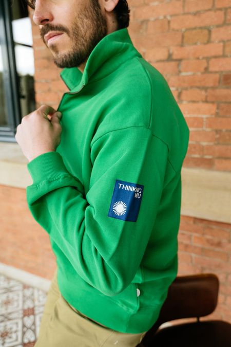 Sweat col zippé vert en coton bio - clover green challenger sweatshirt, Thinking Mu, photo 5
