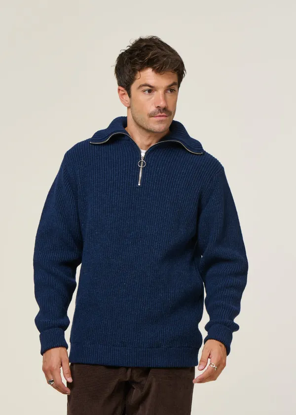 Pull maille col zippé en laine recyclée | bleu "heavy knit troyer wool-blend - blue melange", Rotholz