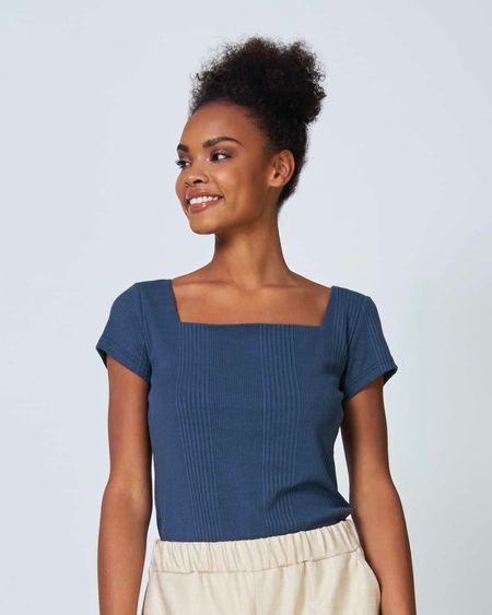 T-shirt bleu côtelé en coton bio - arima