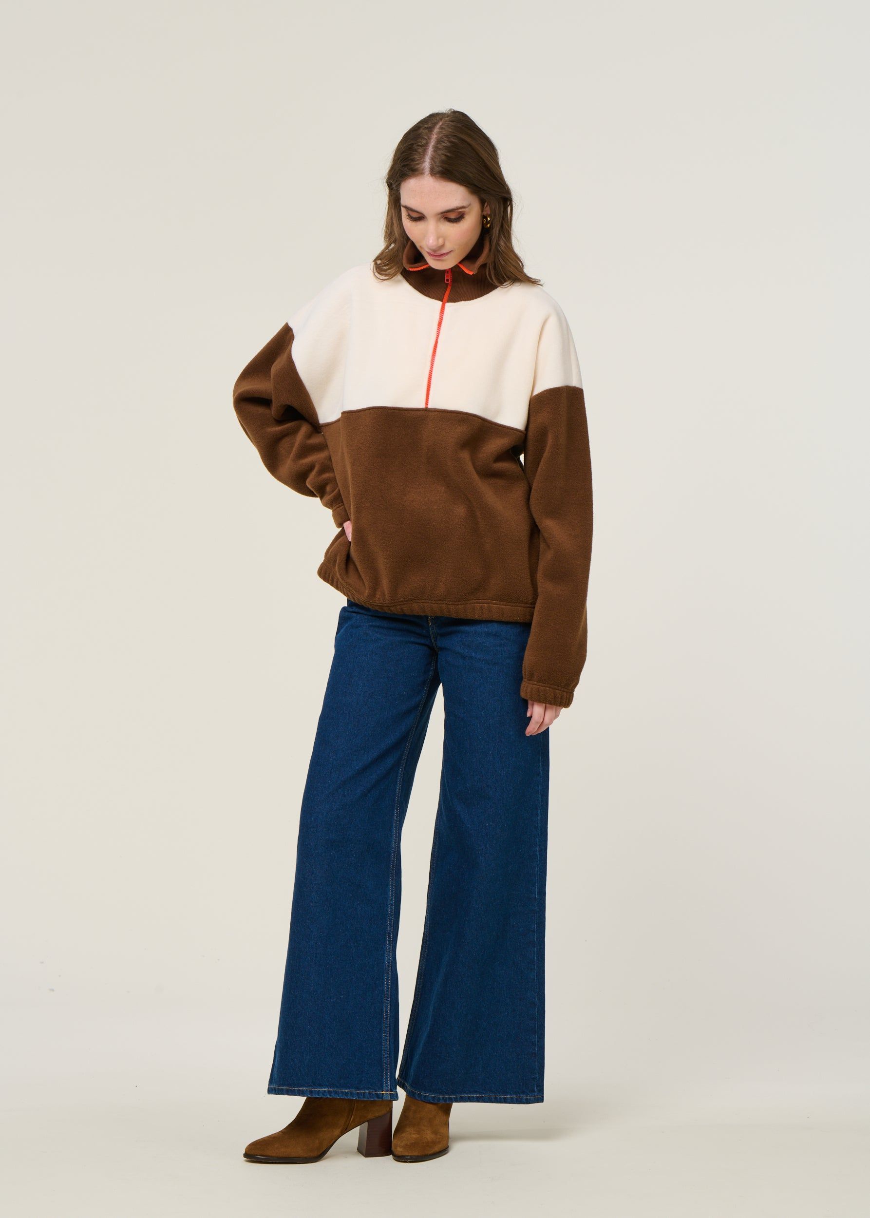 Sweat polaire en matière recyclée | écru/chocolat "sven", émoi émoi, photo 4
