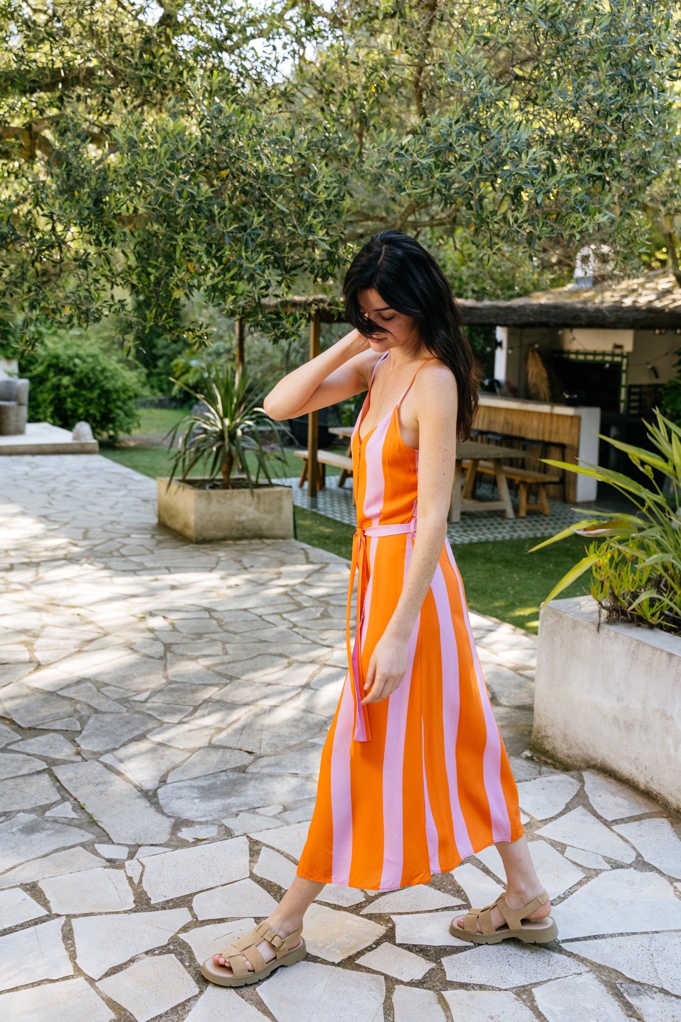 Robe longue en ecovero | multicolore "color block strap dress orange", Brava Fabrics, photo 4