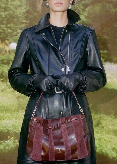 Sac à main en cuir et suède certifié | rayé bordeaux "halo stripe - acajou burgundy"