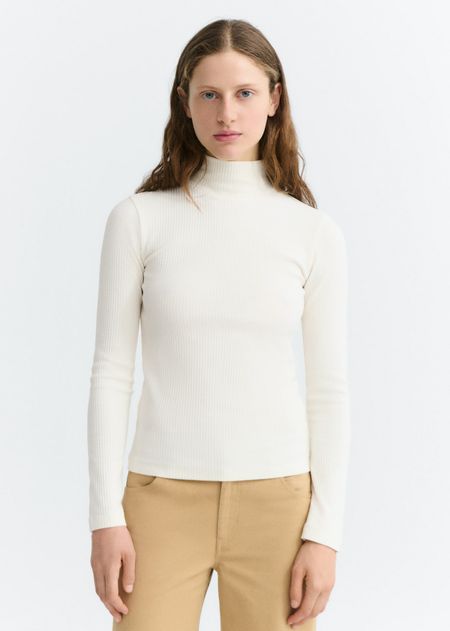 Sous-pull col montant en coton bio | blanc "White rib aine top - white" - Thinking Mu