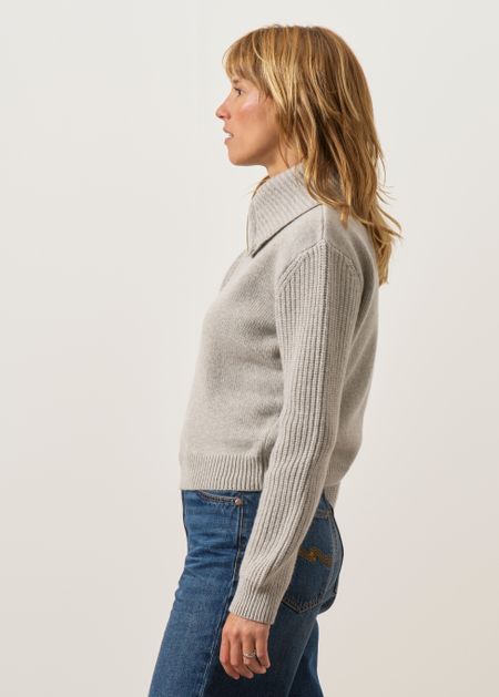 Pull zippé col en laine mérinos | gris "Grey tanit knitted sweater - grey" - Thinking Mu