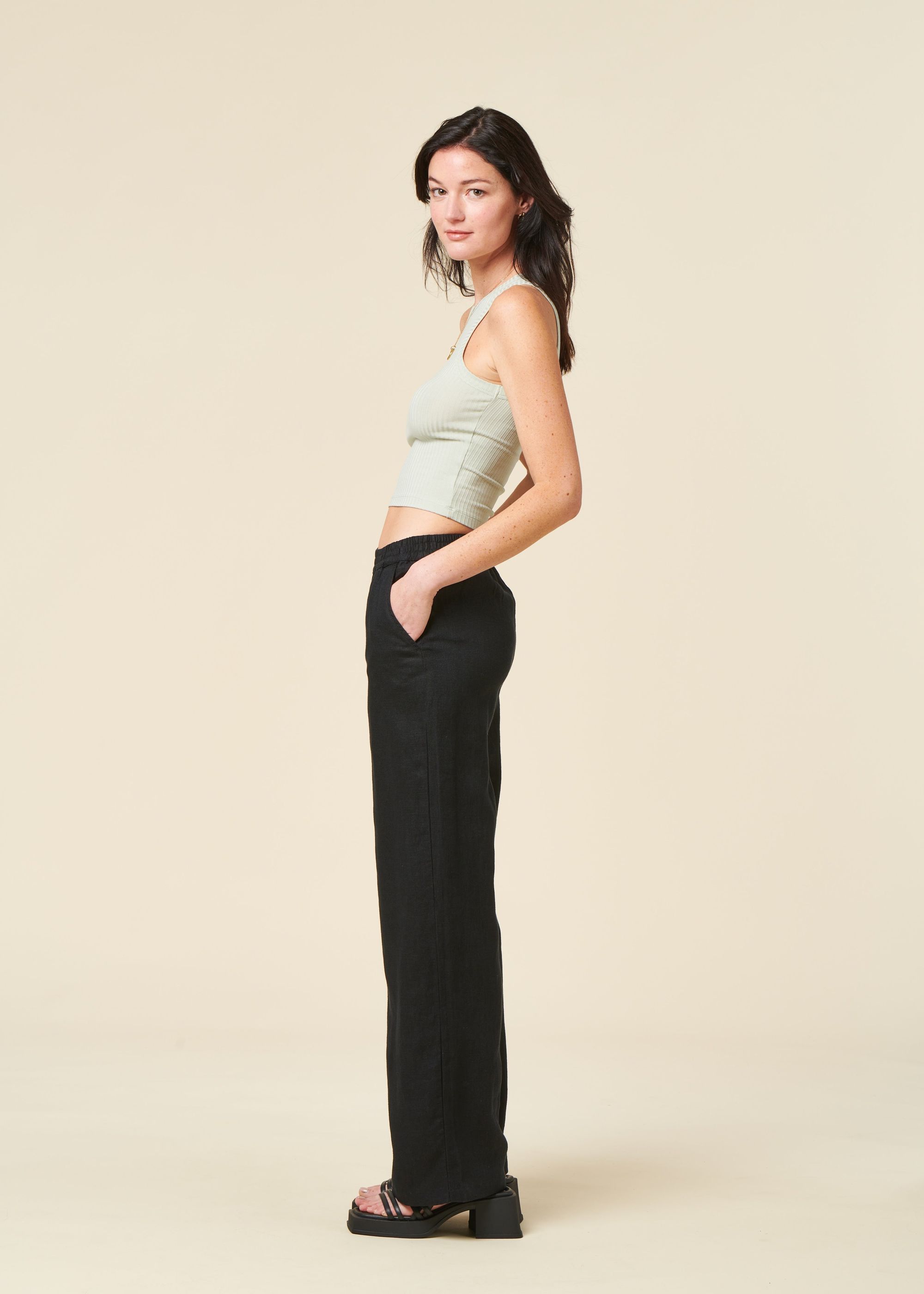 Pantalon ample en lin biologique | noir "posey wide mid-rise linen pants jet", Knowledge Cotton Apparel, photo 1